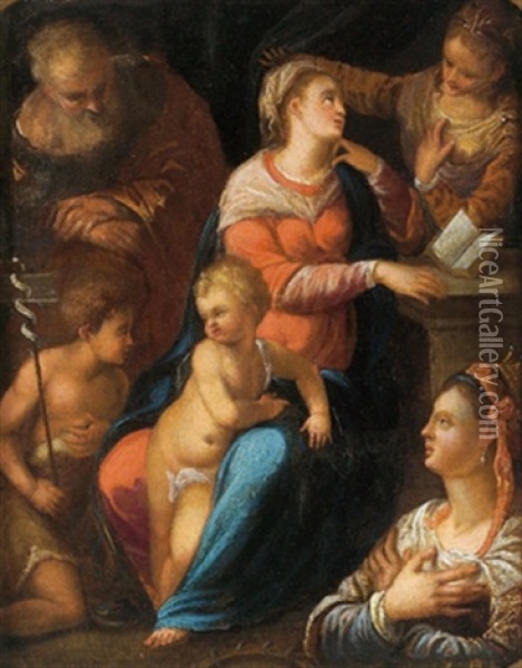 La Sacra Famiglia Con San Giovannino E Due Sante Oil Painting -  Scarsellino