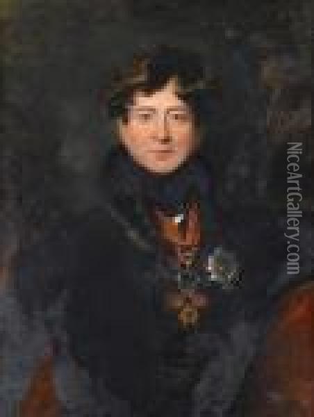 A Portrait Of King George Iv, 
Bust-length, In A Fur-trimmed Coat And Wearing The Badge Of The Order Of
 The Garter And The Spanish Order Of The Golden Fleece Oil Painting - Sir Thomas Lawrence