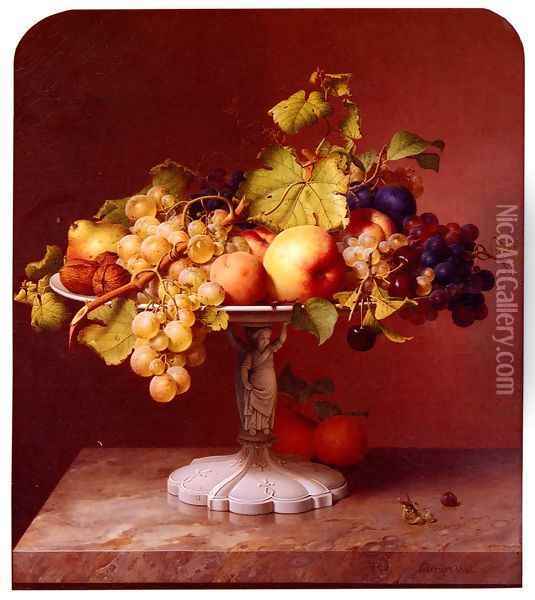 A Still Life With A Bowl Of Fruit On A Marble Table Oil Painting - Johann Wilhelm Preyer