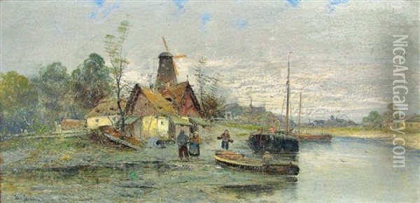 Niederlandische Flusslandschaft Mit Gehoften Und Windmuhle Am Ufer Oil Painting - Johann Jungblut