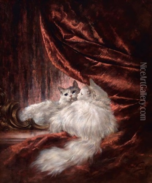 Portrait Of A White Cat, Seated Before A Mirror Oil Painting - Carl Kahler