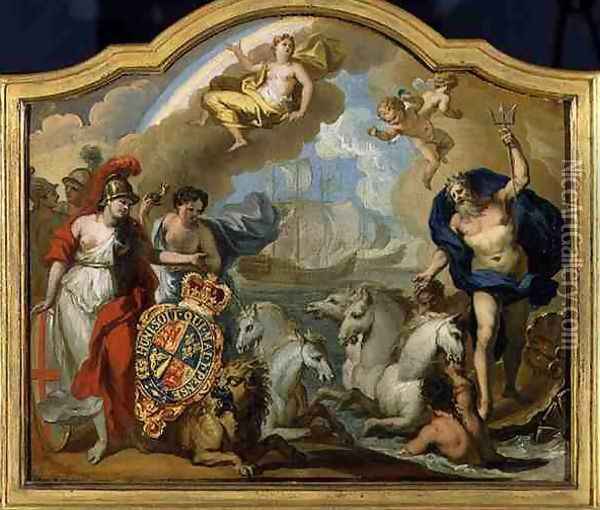 Allegory of the Power of Great Britain by Sea, design for a decorative panel for George Is ceremonial coach, c.1720 Oil Painting - Sir James Thornhill