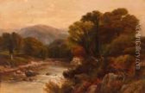 Mountain River Landscape With Figures Oil Painting - William Henry Mander