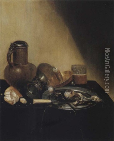 Still Life Of A Herring, An Onion And A Knife On A Pewter Dish, Together With An Upturned Roemer, A Candlestick, A Glass, Bread And A Flagon Oil Painting - Jan Jansz. Treck