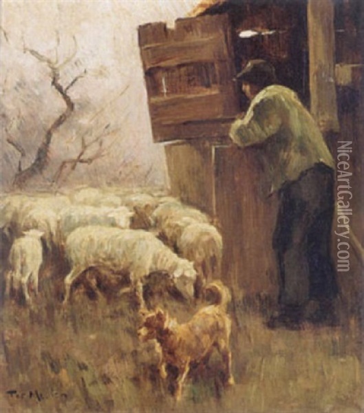 A Farmer And His Sheep Oil Painting - Francois Pieter ter Meulen
