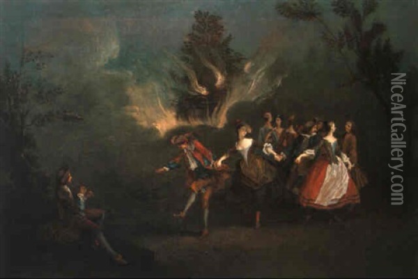 Um Nachtliches Feuer Tanzende Gesellschaft Oil Painting - Nicolas Lancret