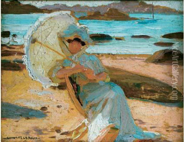 Femme A L'ombrelle Sur La Plage Oil Painting - Auguste Leroux
