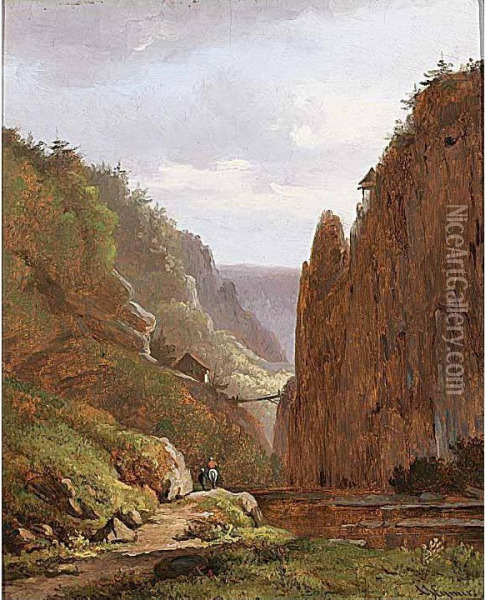 Travellers In A Mountainous Landscape Oil Painting - Arnoldus Johannes Eymer
