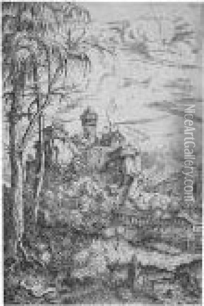 Mountainous Landscape In The Middle A River And A Citadel (schmitt 63; Holl.18) Oil Painting - Hans Sebald Lautensack