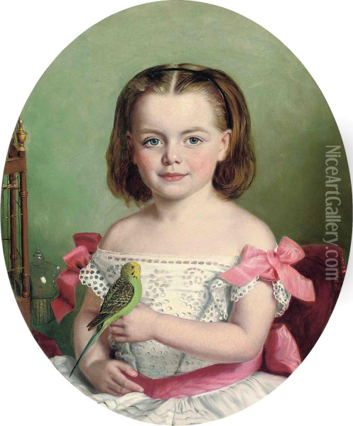 Portrait Of Mary Ann Maitland-wilson Of Greystone Towers, Three Quarter Length, In A White Dress With Red Ribbons, Holding Her Budgerigar Oil Painting - Charles Baxter