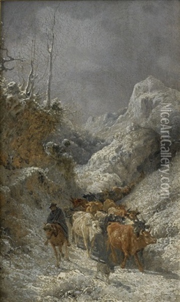 Boskap I Bergslandskap (diptych) Oil Painting - Girolamo Gianni
