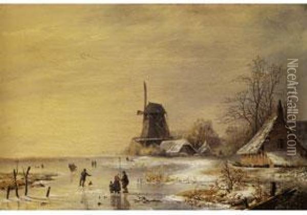 Niederlandische Winterlandschaft Mit Vereistem Poldersee,windmuhle Und Verschneiten Hausern Oil Painting - Albert Edouard Moerman