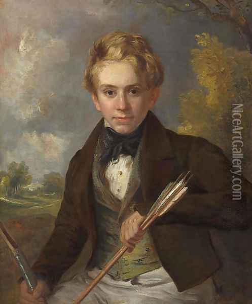 Portrait of a boy, half-length, in a brown jacket and green vest, holding a bow and arrows, in a landscape Oil Painting - Ramsay Richard Reinagle