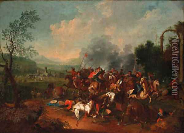 A cavalry skirmish near a castle Oil Painting - Georg Phillip Rugendas II