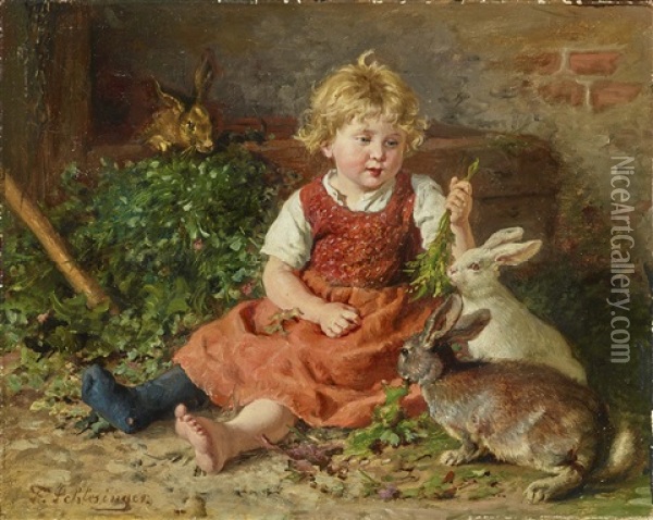 Girl Feeding Rabbits Oil Painting - Felix Schlesinger