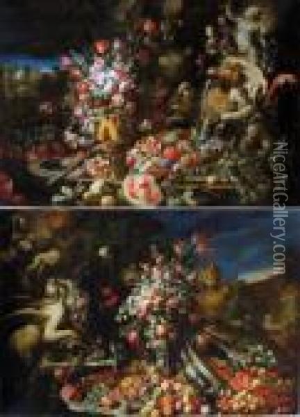 Due Nature Morte Monumentali Confrutti E Fiori Oil Painting - Abraham Brueghel