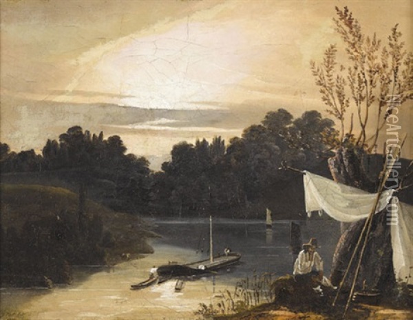 Flusslandschaft Mit Rastendem Im Abendrot Oil Painting - Johann Rudolf Gatschet