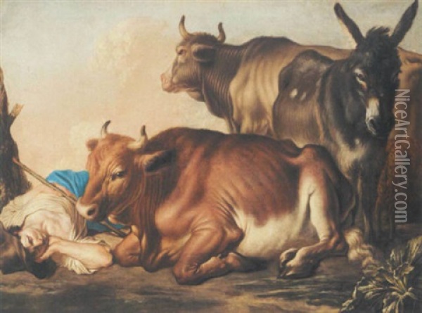 A Shepherd Asleep Beside Two Cows Oil Painting - Francesco Londonio