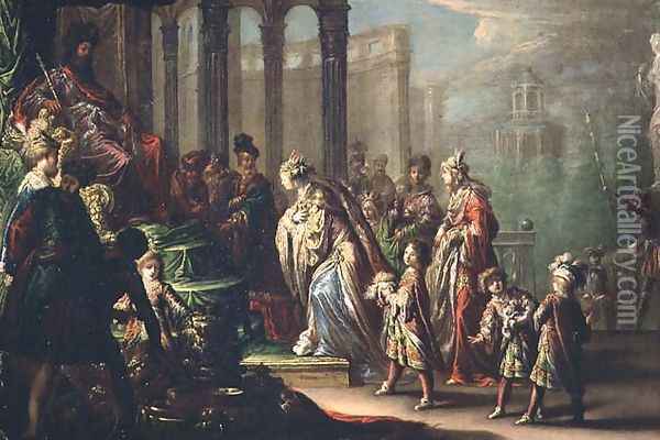 Solomon and the Queen of Sheba, or Esther before Ahasuerus, 1624 Oil Painting - Claude Vignon