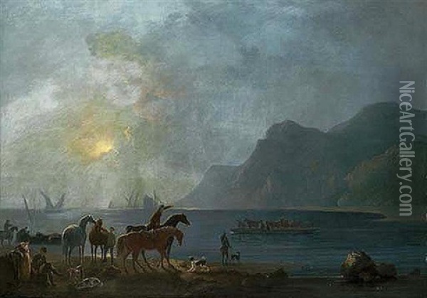 View Of Llanberis Lake, North Wales With Dolbardan Castle Beyond, Figures On The Shore Oil Painting - George Barret