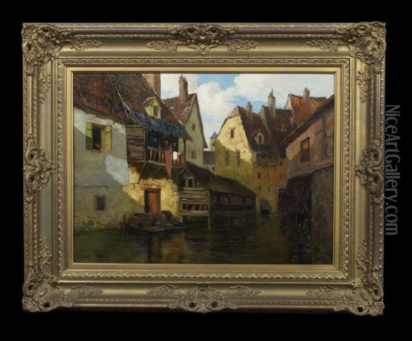 View Of Village Houses Along A Canal Oil Painting - Theodor Feucht