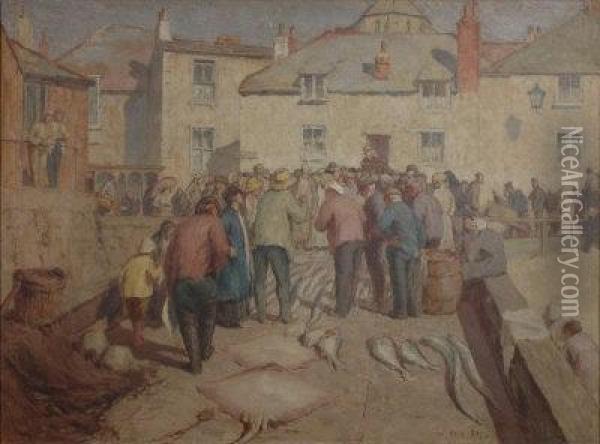 Fish Sale On The Slipway, St. Ives. Oil Painting - William Cave Day