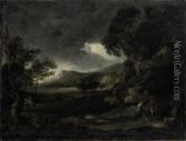 Landscape With Figures Seeking Shelter From The Stormyweather Oil Painting - Gaspard Dughet Poussin