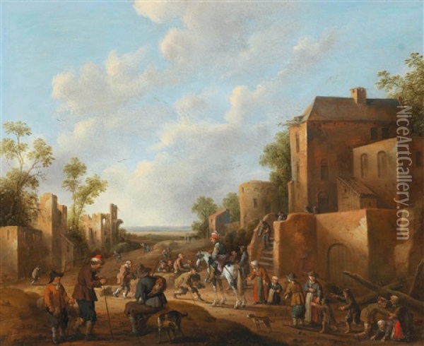 A Village Landscape With Country Folk Near A Tavern Oil Painting - Joost Cornelisz. Droochsloot