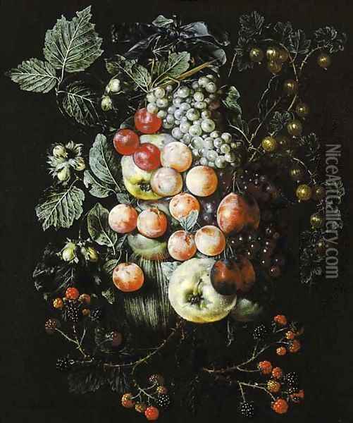 A swag of fruit hanging from a nail against a wall Oil Painting - Jan van Kessel
