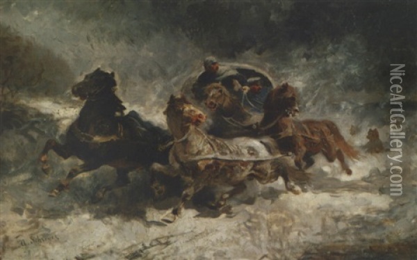 Chevaux Emballes Dans La Neige Oil Painting - Adolf Schreyer