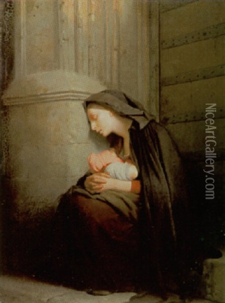 Junge Witwe Mit Ihrem Kind Trauernd Vor Kirchentur Sitzend Oil Painting - Nicolas Legrand