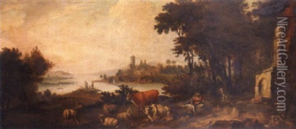 A Wooded River Landscape With Peasants And Their Livestock Resting Near Classical Ruins, A Fortress On An Embankment In The Distance Oil Painting - Adriaen Van Diest
