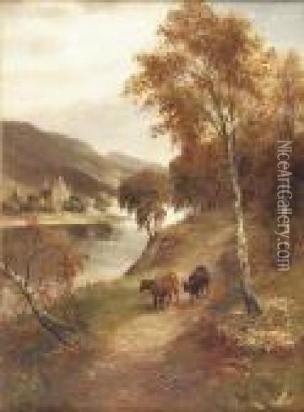 Cattle On A Path By A River Oil Painting - William Scott Myles