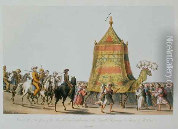 View of the Procession of the Sacred Camel preparatory to the Annual Pilgrimage to Mecca and Medina, pub. 1822 Oil Painting - Cooper Willyams