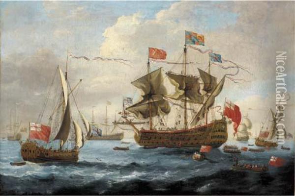 King Charles Ii's Visit To The Fleet At The Nore, 6 Oil Painting - Willem van de, the Elder Velde