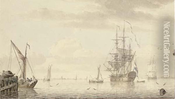 Dutch Shipping On A Broad River Oil Painting - Cornelis De Grient