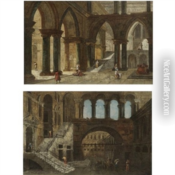 Architectural Fantasy With Gothic Arches (+ Architectural Fantasy With A Staircase In An Open Courtyard; Pair) Oil Painting - Michele Marieschi