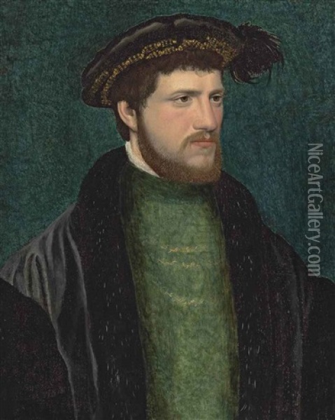 Portrait Of A Man, Half-length, In Green With A Black, Fur-lined Cloak And Black Hat With A Feather Oil Painting - Jean (Jehannet) Clouet
