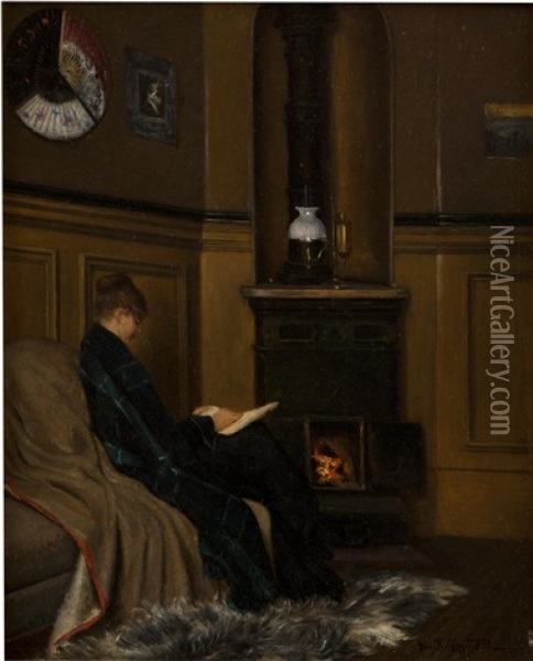 Reading By The Fire Oil Painting - George Willoughby Maynard