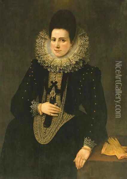 Portrait of a lady, three-quarter length, in a black dress with an elaborate lace collar Oil Painting - Spanish School