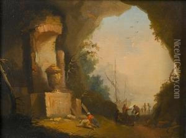 Figures Before Ruins At The Mouth Of A Grotto, A Mediterranean Harbour Beyond Oil Painting - Johann Alexander Thiele