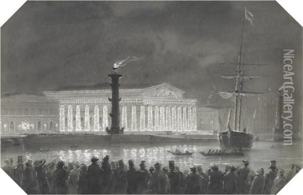 The Stock Exchange And Rostral Columns, St. Petersburg, Illuminated At Night Oil Painting - Ludwig Franz Karl Bohnstedt
