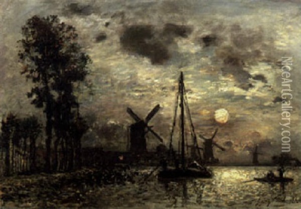 French Moonlit Harbor, Latrop (near Rotterdam) Oil Painting - Johan Barthold Jongkind