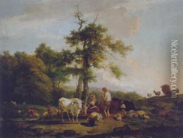 A Cowherd And A Shepherdess On A Riverbank, In An Italianate Landscape Oil Painting - Nicholas Henri Joseph Fassin