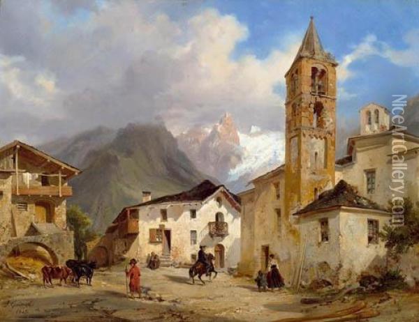 View Of A Mountain Village In Engadin Oil Painting - Jacques Guiaud