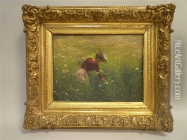 Jeune Fille Cueillant Un Bouquet Oil Painting - Edouard Brun