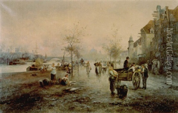 Marktszene Am Flusufer Oil Painting - Emil Barbarini