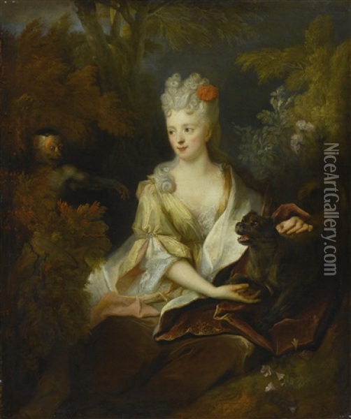 Portrait Of A Lady Seated In A Landscape With Her Pet Dog And A Monkey Oil Painting - Nicolas de Largilliere