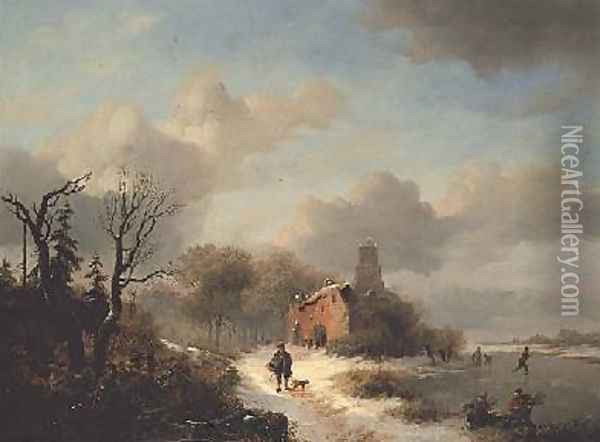 Winter landscape with peasant and figures on ice Oil Painting - Frederick Marianus Kruseman