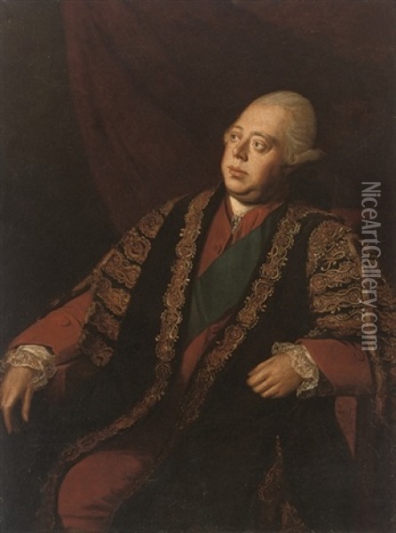 Portrait Of Frederick, Lord North, 2nd Earl Of Guilford, Wearing The Chancellor's Gown And Riband Of The Garter Oil Painting - Nathaniel Dance Holland (Sir)